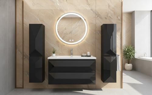 Faizee Home | Badmöbel Set 90 cm Schwarz – Badezimmermöbel Komplett Set mit rundem Miran Spiegel, Waschbeckenunterschrank & Keramikwaschbecken, Schubladen & Glasablage, mit 2 Seitenschränken
