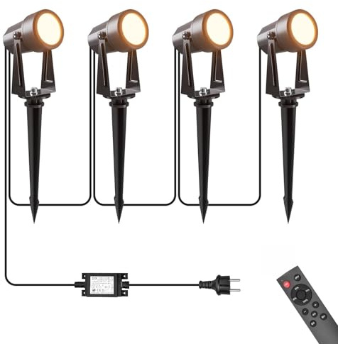 Focos Led Exterior, 56FT/17M 4 * 3W LED Focos de Jardín con Estaca Con función de temporizador y control remoto, Blanco Cálido 3000K IP65 Impermeable, al Aire Libre Iluminación de Caminos para Césped