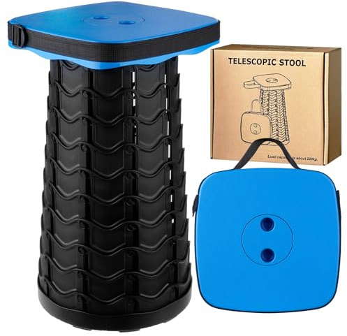 KALBIGRO Taburete Plegable Portatil, Taburete Telescópico Azul, Taburete Retráctil, Silla Portatil Ligera para Viajes, Pesca, Senderismo y Camping, Carga Máxima 485LBS/220KG