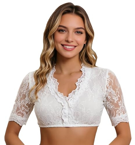 2026 Dirndl Camicetta Da Donna In Pizzo Colore Bianco,Tradizionale Con Bottone Per Oktoberfest, Oktoberfest Bluse Maniche Corte, Dirndl Bianco A Maniche Corte, Elegante Bottone Blusa In Pizzo