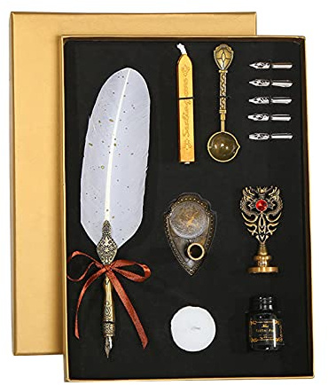 Ausla Vintage Penselpenna, Fjäderpenna och Bläckset med 5 Ersättningsspetsar 15 Ml Bläckflaska och Pennhållare, Dopppenna Kalligrafisats för Nybörjare Studenter Författare Signaturanvändning (Vit)
