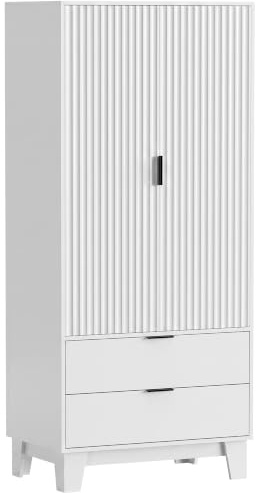 HOMCOM Armoire Chambre Penderie Style Moderne 80x50x180 cm Blanc | 2 Portes Cannelées à Fermeture Douce, 2 Tiroirs, Barre de Suspension, Armoire à Vêtements, Dressing