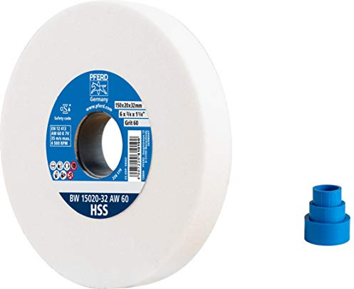 PFERD Schleifbockscheibe HSS, 150x20x32, A60, 39008424 – Mittelharte Schleifscheibe zum Schärfen von HSS-Bohrern, mit Reduzierhülsen (25/20/16mm)