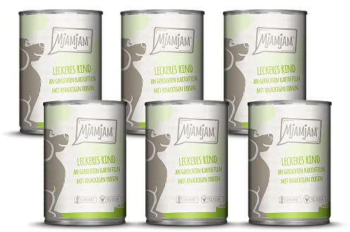 MjAMjAM - Premium Nassfutter für Hunde - leckeres Rind an gekochten Kartoffeln mit knackigen Erbsen, 6er Pack (6 x 400 g), naturbelassen mit extra viel Fleisch