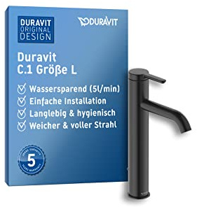 Duravit C.1 tvättställsarmatur, storlek L (pip höjd 173 mm). Vattenkran badrum med dragstång-avloppsarmatur, svart matt