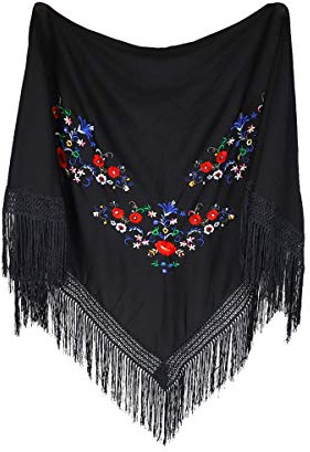MUNDDY® - Mantón Bordado en Flores Para Adulto. Mantones Flamenco Sevillana.Color Rojo Negro Rosa Blanco Amarillo Azul. Envio desde madrid con seguimiento. (Negro)