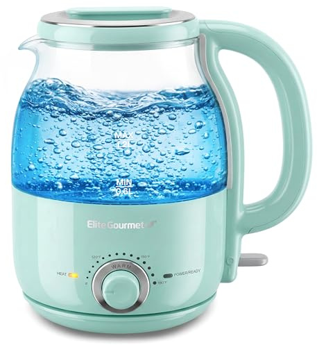 Elite Gourmet 1.2L Electric Glass Kettle, 1200W Fast Boil, Adjustable Temperature Control & Keep Warm, BPA-Free Borosilicate Glass, Auto Shut-Off & Boil-Dry Protection, 360° Cordless Base, Mint