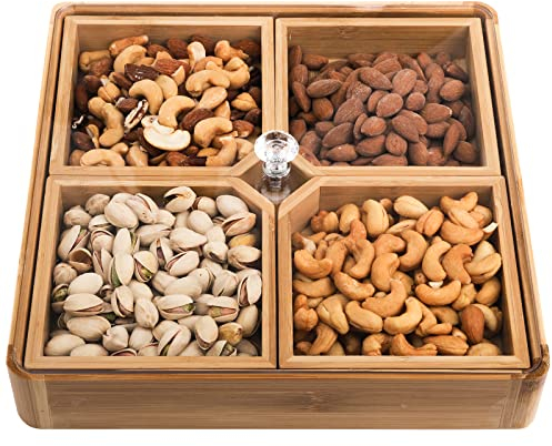 WUWEOT Bamboo Nut and Candy Serving Tray, Party Appetizer Platter and Veggie Dish, Candy Bowl with Acrylic Lid & Removable Dividers for Taco Dip and Chip Bowls