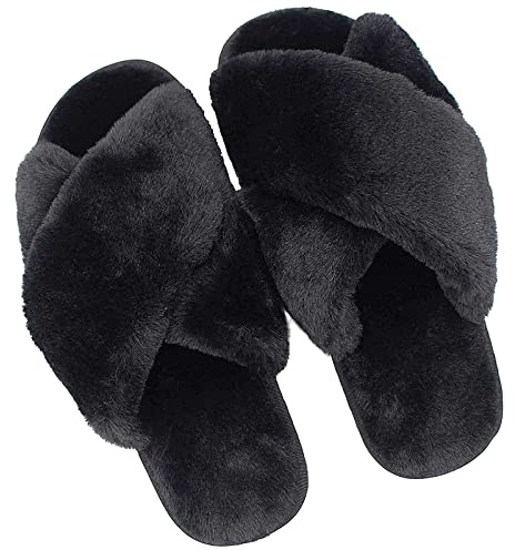 dressfan Ciabatte Donna Pantofole Sandali Punta Aperta da Casa Piatto Tenere Caldo Peluche Pelliccia Antiscivolo Soffice Suola di Gomma per Interno e Esterno,Nero,38-39