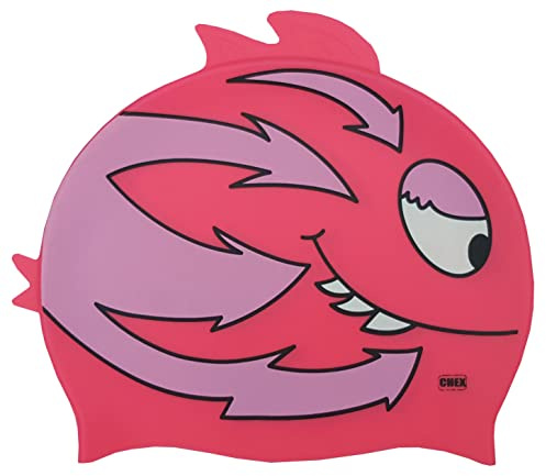 CHEX Stretchig silikon unisex flickor pojkar 3-7 år en del simmössa badmössa smiley fisk dubbel fena tryck design en storlek dra på badmössa (rosa/pastellrosa)