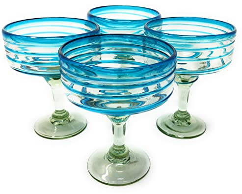 Dos Sueños Mexican Hand Blown Glass – Set of 4 Hand Blown Margarita Glasses (16 oz) with Aqua Spiral Design