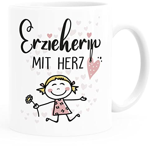 Moonworks® Kaffee-Tasse Geschenk Abschied Danke Erzieherin Erzieher Abschied Kita Kindergarten Kinder weiß-rosa standard
