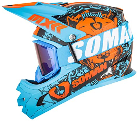 Casque Moto Cross Enfant Set, Casque Moto Homme avec Lunettes, Casques Motocross pour BMX MTB Quad Bike Enduro ATV - ECE/DOT Homologué (Blue-Orange, S-XXL)