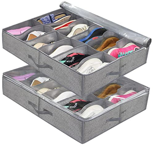 Pack of 2 Underbed Chest of Drawers for Shoes - Underbed Storage Box | Shoe Organiser with Transparent Lid | Shoe Storage with 12 Compartments | Shoe Storage Systems (B)
