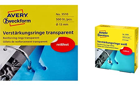 AVERY Zweckform 3510 Lochverstärker selbstklebend 500 Stück (Ø13mm) transparent & 3508 Lochverstärker selbstklebend 500 Stück (Ø13mm, Lochverstärkungsringe auf Rolle) weiß