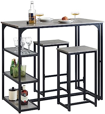 SoBuy Ensemble de Meubles de Balcon Lot de 3 Tables + 2 tabourets, Table Haute 3 étagères Gris OGT43-HG