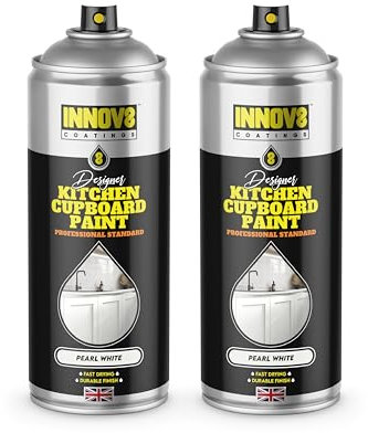 INNOV8 COATINGS DESIGNER KITCHEN CUPBOARD SPRAY PAINT - DIY - NO PRIMER OR TOP COAT - SATIN Finish – 1 x 400 ml - Pearl White - Fast Dry - CABINET, FURNITURE, WOOD, MDF, PLASTIC & METAL