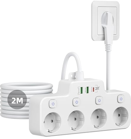 Steckdosenleiste mit USB C 4Fach Steckdosenleiste einzeln Schaltbar,Steckdosenleiste Flachstecker, Mehrfachsteckdose mit Schalter, Mehrfachstecker Wandmontage für Küche Wohnzimmer,2M Kabel,Weiß
