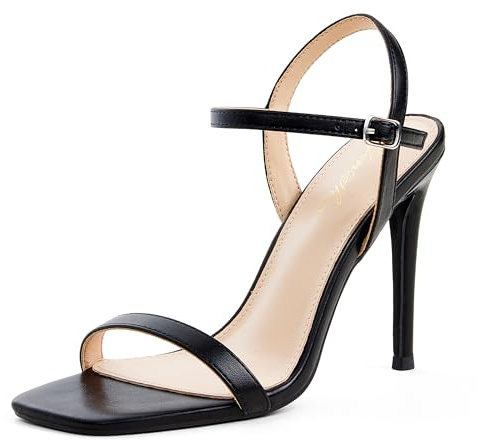GENSHUO Sandali da donna con punta aperta quadrata e cinturino con tacco a spillo Sandali sexy per feste da matrimonio, Nero, 40 EU