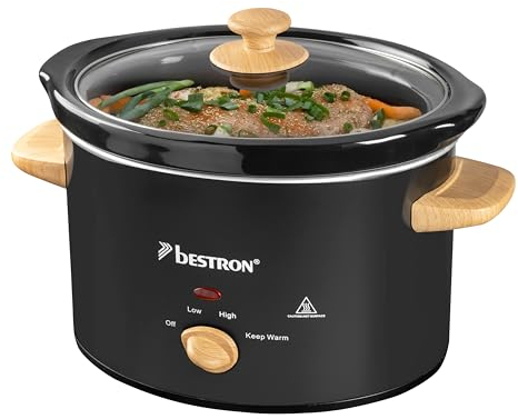 Bestron Slowcooker para 4 personas, Olla de Cocción Lenta con cacerola de cerámica y tapa de vidrio, termostato de 3 niveles, ideal para muchos platos como carne y sopas, 3.5 litros, Negro/Madera