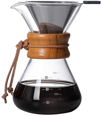 COFISUKI Pour Over Coffee Maker with Reusable Stainless Steel Drip Filter, Lead-Free Borosilicate Glass Coffee Carafe with Modern Wooden Collar for 1-2Cup, Circular Clear (400ml/13.5oz)