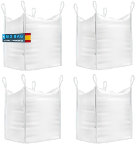 BIBODU Sacos Big Bag 1000kg (4 UNIDADES) | Sacos para Escombros 90x90x90 cm | Big Bags Resistentes & Reutilizables | Sacas 1000kg perfectas para Obra, Jardin, Arena, Residuos y Madera