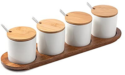 Set di Bottiglie di Condimento in Porcellana Confezione da 4, Scatola di Condimento in Ceramica con Vassoio, Cucchiaio e Coperchio per Zucchero, Pepe, Caffè, Spezie, Sale per Cucina, Casa (Color : A)