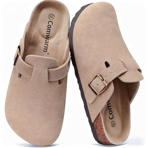 Comwarm Unisex clogs mocka för kvinnor av läder, halkfria pantoletter med premium fotbädd.., toupe, 43 EU