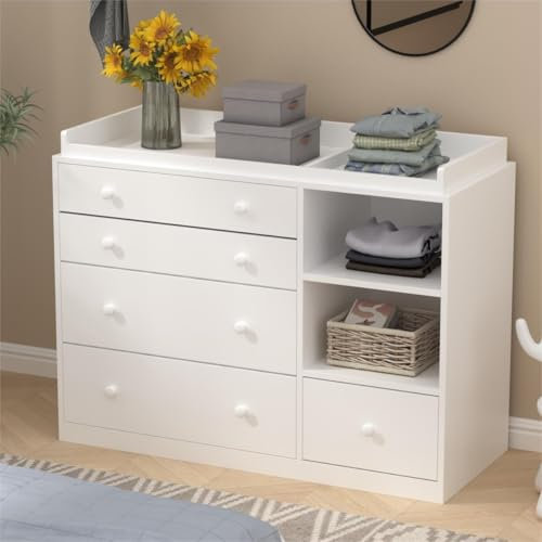 DAWNSPACES Wickelkommode,Wickeltisch,Babykommode mit 5 Schubladen+Ablagefläche,Babymöbel,Aufbewahrungsstück für Babyzimmer,weiß,120x85x50 cm