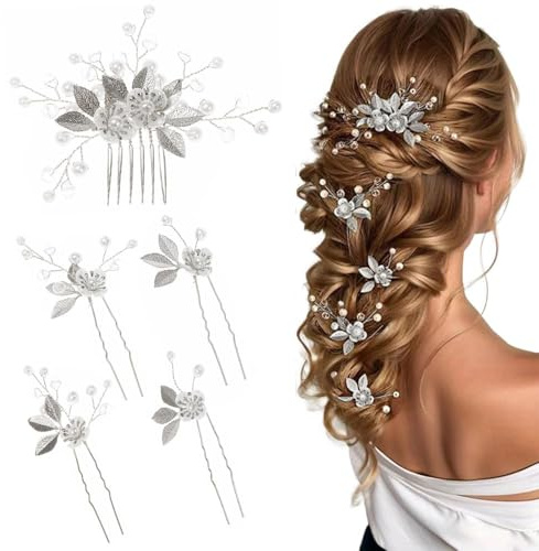 QKEPCY 5 Piezas Accesorios para el Cabello Novia Peine con Hoja Flores Peinetas para el Pelo Bodas Peines Perlas Pinzas pelo Mujer Boda Cristales de Diamante Boho Horquillas Boda Schmuck Set