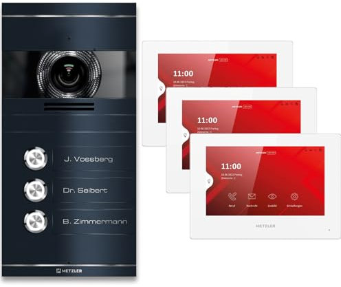 Metzler VDM10 2.0 Video Sprechanlage Komplett Set - mit Laser Gravur Namensschild - Anschluss 2-Draht - Türsprechanlage mit Kamera und Bildschirm für 3 Familienhaus, in Anthrazit aus V2A Edelstahl