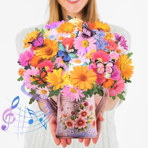 Mothers Day Gifts for Mom, Grandma, Wife-Pop Up Card with Music and Lights Life Sized 3D Paper Flower Bouquet – Greeting Card for Women, Mom, Wife, Daughter, Grandma – Birthday Gift with Envelope-Chamomile