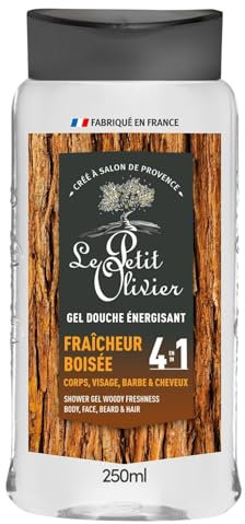 LE PETIT OLIVIER - Gel Douche Homme 4 en 1 - Fraîcheur Boisée - Corps Visage, Barbe & Cheveux - Parfum Frais & Énergisant - Nettoie en Douceur - PH Neutre Pour la Peau - Fabriqué en France - 250ml