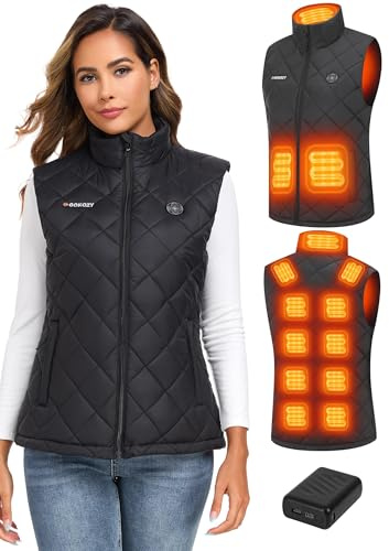 Gokozy Gilet Chauffant Femme avec Batterie Incluse 20000mAh 12V, Veste Chauffante Électrique avec 13 Zones de Chauffe, Gilet Chauffant sans Manche pour Extérieur, Ski, Randonnée
