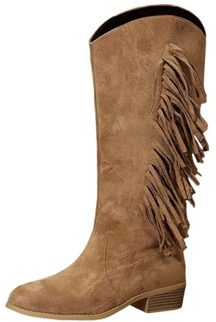 Generisch 2026 Botas de pantorrilla con flecos de talla grande para mujer, punta puntiaguda, tacón bajo, marrón, 43 EU