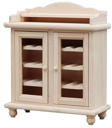 Casa de muñecas en miniatura de madera para vino, unidad de almacenamiento de 2 puertas sin terminar a escala 1:12 con 4 estantes, muebles de casa de muñecas para sala de estar o cocina