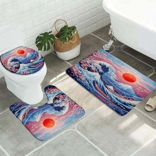Juego De 3 Alfombrillas De Baño Ola Montaña Japonesa Cerezo Rosa Tradicional Juego De Alfombrillas De Baño Antideslizantes por Encargo Alfombras De Cama, para Bathroom, Cocina, Dormitorio