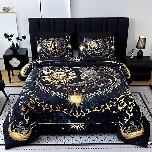 Piumino Singolo Sole e Luna Dorati Trapunte Opulenza Misteriosa Piumone Imbottito Resistente Lavabile, Super Morbida Trapunta, Piumini 135x200 cm in Microfibra Reversibile e 2 Federa 50x80 cm L422