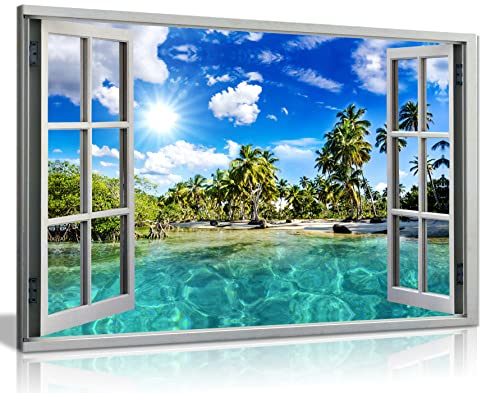 Panther Print, Modern Canvas Wall Art for Living Room, Framed Prints for Hallway and Stairs, Caribbean Beach Holiday 3D Window Effect, Prints for Special Occasions (36x24 Inch)