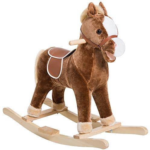 Qaba Kids Plush Toy Rocking Horse Ride on with Realistic Sounds - Brown