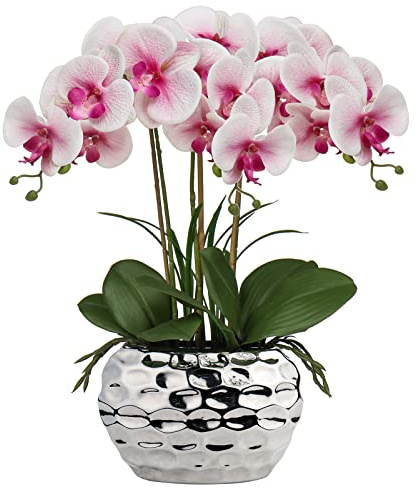 Briful Orchids Artificial Flowers 18 Pink Phalaenopsis Large Orchid Flowers with Silver Ceramic Pots Real Touch Faux Orchid Arrangement for Home Office Bathroom Living Room Table Decoration