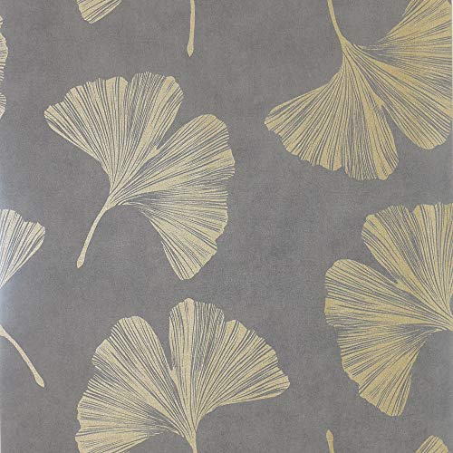 Arthouse Ginkgo Leaf Mocha Brown Wallpaper-Tough Vinyl for Any Room-Metallic Gold Effect-Textured Motif-Matt Background-Paste The Wall Easy Application-Add Glamour-Eye-Catching-297301, One Size