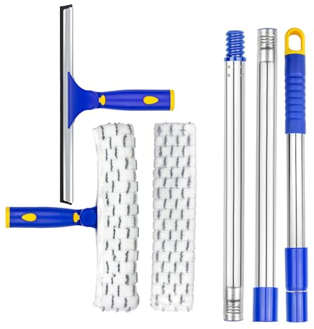 ITTAR Limpiacristales, escobilla giratoria y Estropajo de Microfibra con Poste Extensible de Acero Inoxidable de 3 Secciones, Herramienta de Limpieza de Ventanas con 2 Almohadillas de Microfibra para