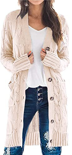 PRETTYGARDEN Long Sleeve Cable Knit Long Cardigan for Women 2026 Spring Winter Chunky Open Front Button Sweaters with Pockets (Off White, X-Large)
