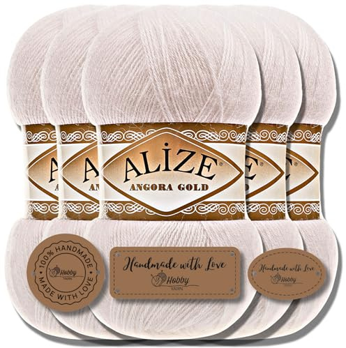 Alize 5 x 100 g Angora Gold stickgarn, turkiskt högkvalitativt garn av ull och akryl, enfärgat, babyull för virkning/stickning av halsdukar och annat till bebis (Benvit | 599)