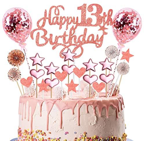 Happy Birthday Cake Topper 13th, 23pcs Rose Gold Glitter Happy 13th Birthday Cake Topper Kit with Star Heart Paper Fan Confetti Balloon, Cupcake Topper for Girls 13th Birthday Party Cake Decorations