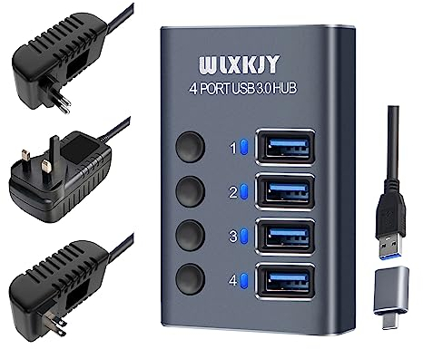 Schnelle Datenübertragung: WLXKJY USB 3.0 Hub mit 36W (12V/3A) Netzadapter – Aluminiumgehäuse, 4 USB 3.0 Anschlüsse für maximale Kompatibilität