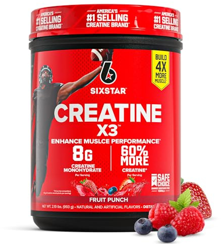 Six Star Creatine Monohydrate Powder, X3 (Fruit Punch) - Flavored Creatine HCl Powder Monohydrate Supplement for Muscle Building & Performance - Post Workout Supplement for Men & Women - 30 Servings