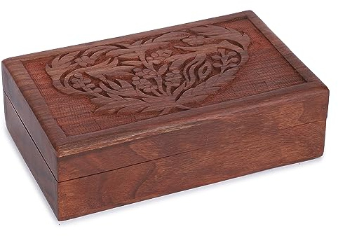 Ajuny Wooden Treasure Chest 8x5 Inch, Hand Carved Flower Leaf Jewellery Box | Keepsake Watch Storage Trinket Organiser Decorative Accessories Dressing Table Birthday Anniversary Wedding Housewarming Gift