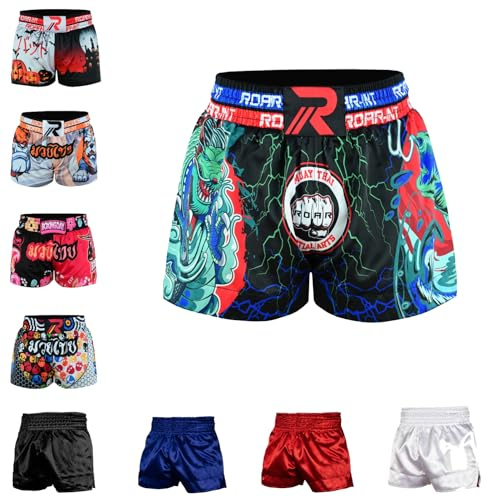 ROAR-INT Kid's Muay Thai Shorts Martial Arts MMA Kickboxing Shorts for Boys Girls Boxing Trunks Shorts (US, Alpha, Large, Regular, Dragon, Regular Fit)